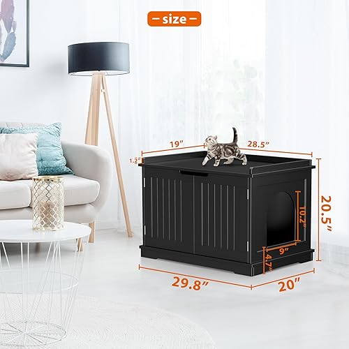 Vista 7 de Caja de arena para gatos, mueble oculto de madera para baño, casa interior para gatos con divisor extraíble, como mesa de noche, banco de Negro