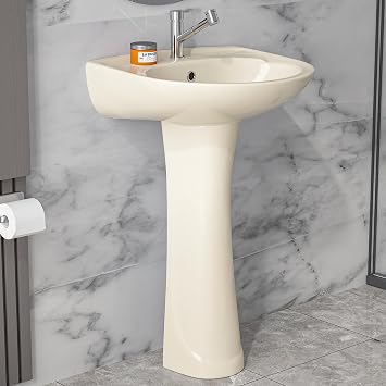 Small Pedestal Sink Bone 1 Hole, 20 x 17 Inch Bathroom Pedestal Sink Combo, 1 Overflow Hole, 1 Faucet Hole, Bone Color Porcelain, Semi-Circular, for Bathroom, Laundry, Aisle, Small Space