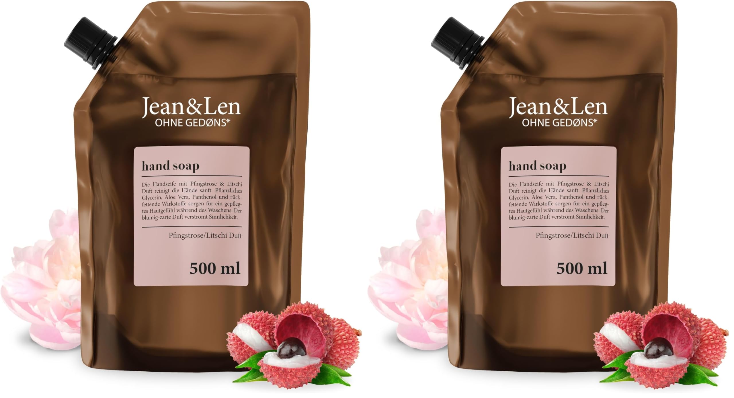 Jean & Len Hand & Body Wash Pfingstrose & Litschi, reinigt und pflegt die Haut beim Waschen, blumig-zarter Duft, Flüssigseife im Nachfüllpack, ohne Parabene, Silikone & Mikroplastik, vegan, 500 ml