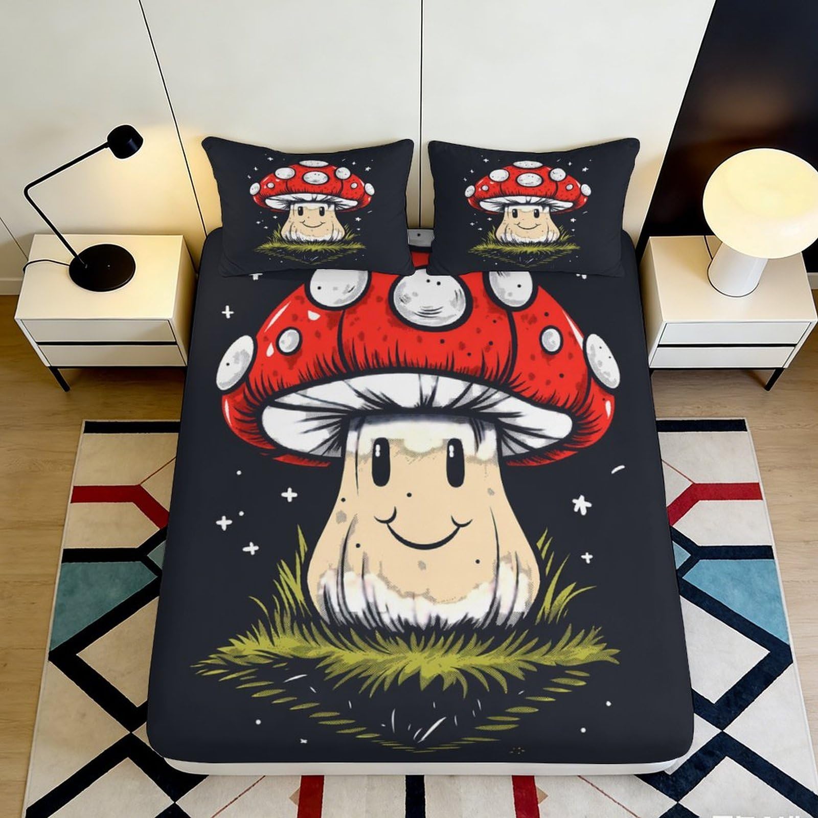 3D Printed Cartoon Mushroom Fitted Sheet Microfiber Soft Anti-Slip Red Toadstool Bed Cover for Bedroom Dorm Home Decor 90x200x25cm