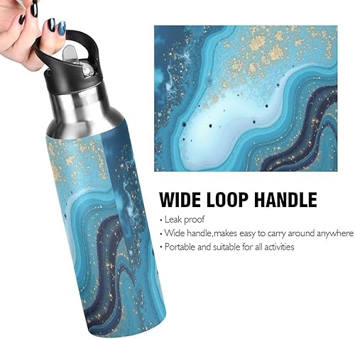 Miniatura 4 de Kcldeci Botella de agua deportiva Ocean Marble Blue Gold de 20 onzas con aislamiento al vacío de acero inoxidable con pajita, taza térmica de metal