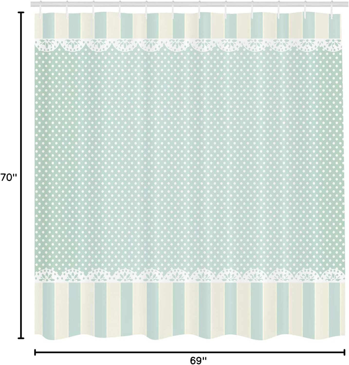 Ambesonne Shabby Flora Shower Curtain, Traditional Old Fashioned Vertical Stripes Ornaments and Dots, Cloth Fabric Bathroom Decor Set with Hooks, 69" W x 70" L, Almond Green Cream White