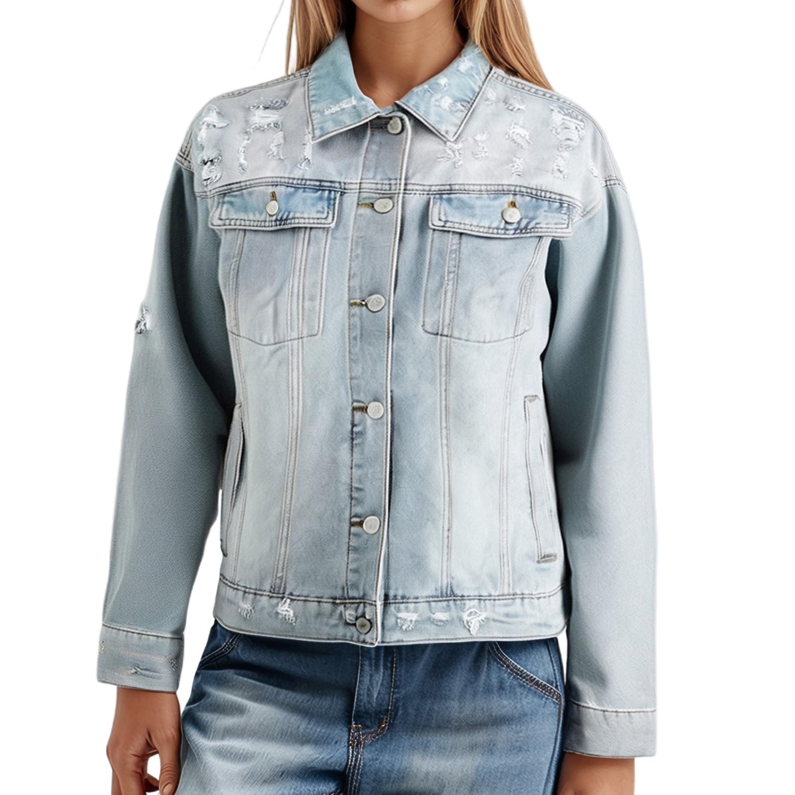 Chaqueta Vaquera Mujer, Chaqueta De Mezclilla Elástica Bordada Chaqueta Ligera Vaquera Manga Larga Básica Chaqueta Mezclilla Chaqueta De Entretiempo Chaqueta Mujer Deshilachado Dobladillo Bolsillos