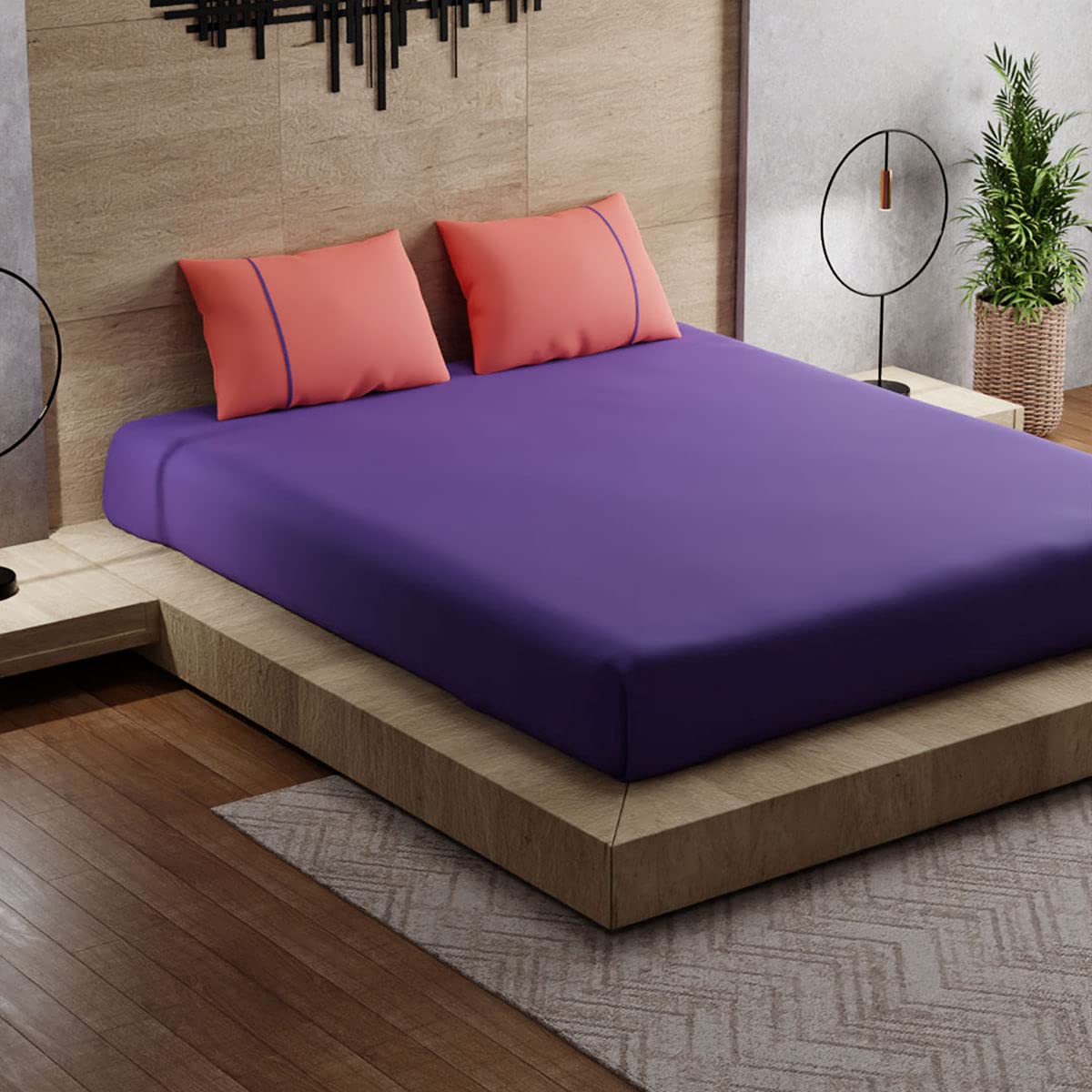 Stoa Paris Bedsheet for Double Bed Size, Plain Cotton Bedsheets Sets, Combo of Violet and Peach with Smart Labelling, Queen Sheets with Pillow Covers, 1 Flat Sheet (90x100”) & 2 Pillowcases (18x27”)