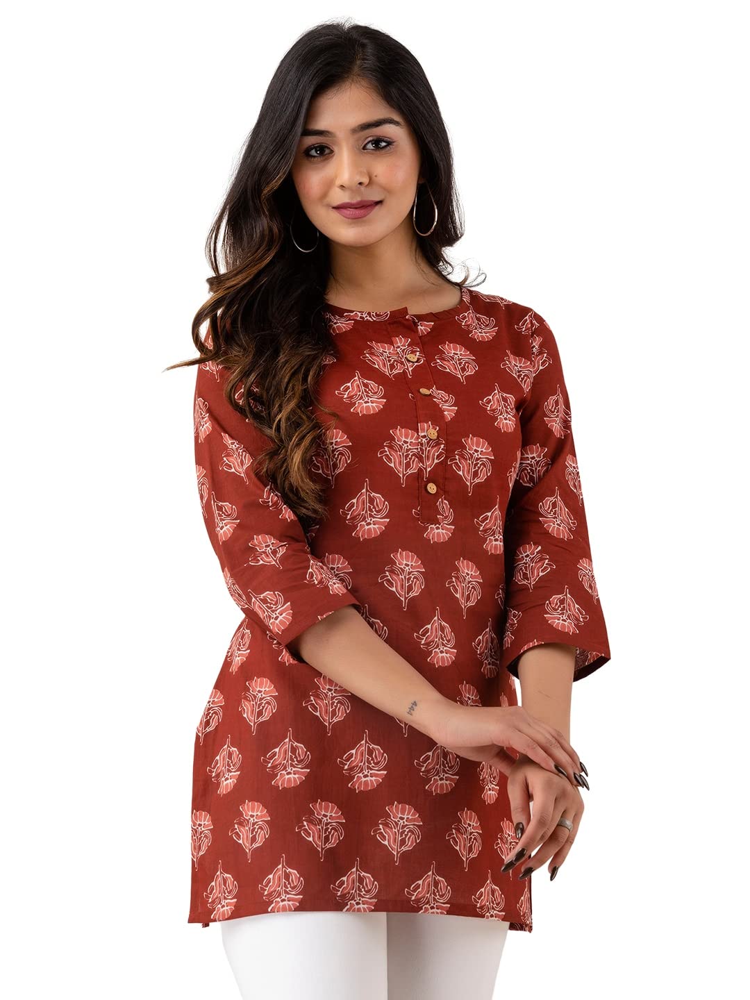 feranoid Women Cotton Printed Straight Fit Short Kurti (Rust), Large