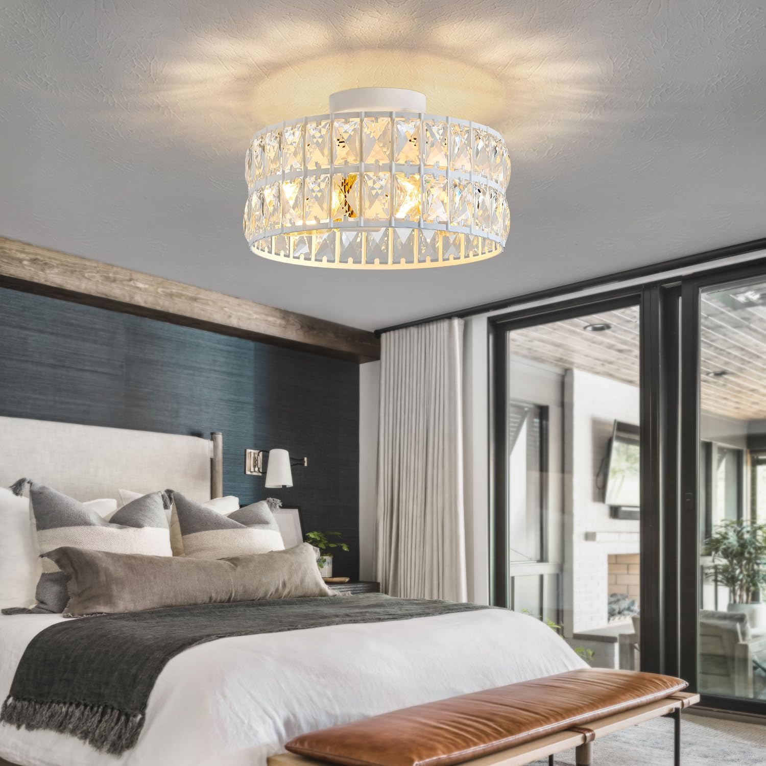 HuixuTe Modern Bedroom Light Fixtures Ceiling, 12.5" Round Drum Crystal Chandelier 3-Light, White Semi Flush Mount Ceiling Light for Dining Room Kitchen Hallway Living Room White Crystal