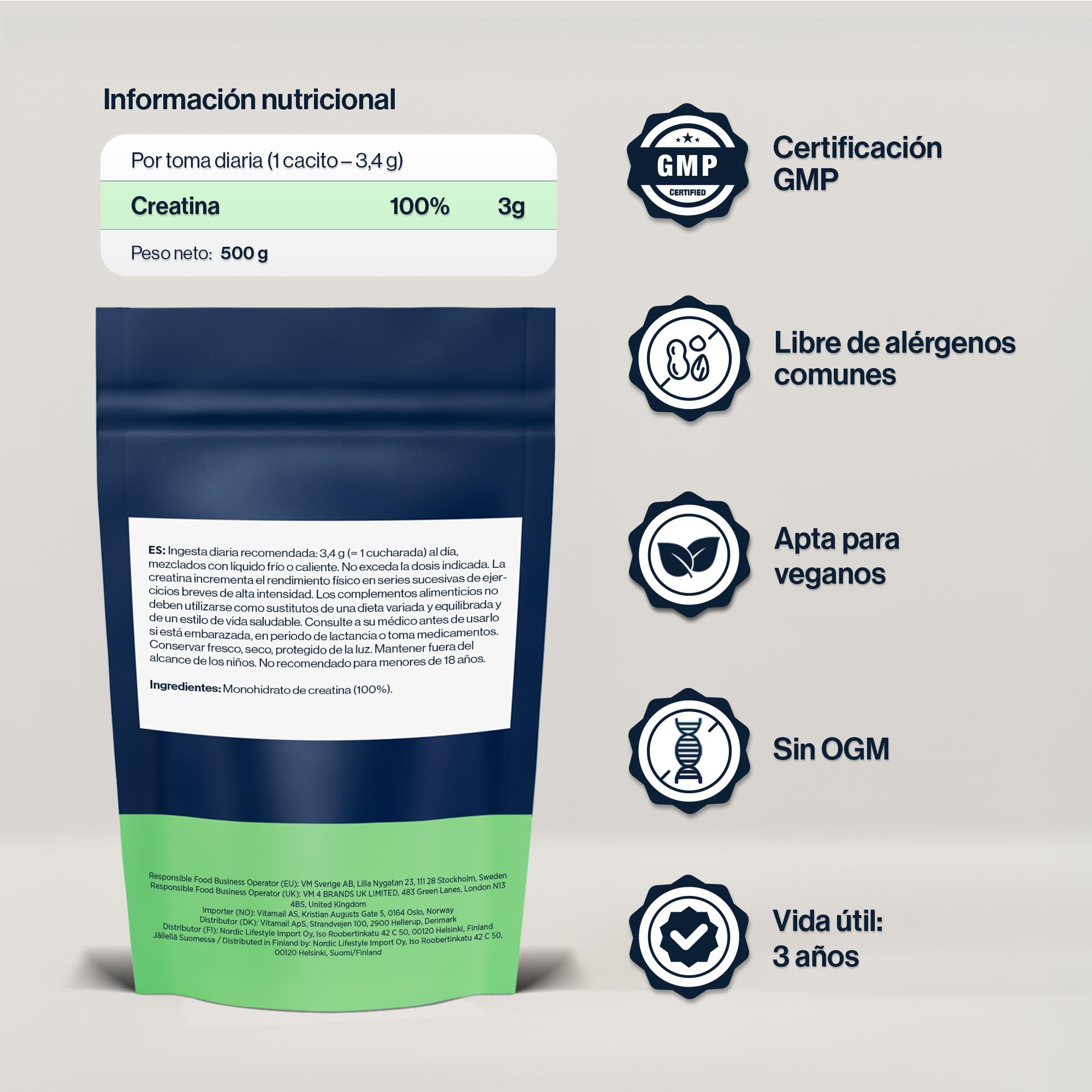 Creatina Monohidratada Polvo 500g, 5 Meses – 100% Pura, Sin Sabor – Micronizada 200 Mesh, Soluble – 147 Porciones – Vegana para Hombres y Mujeres – Sin Gluten, Sin Aditivos – 4 HIM & HER