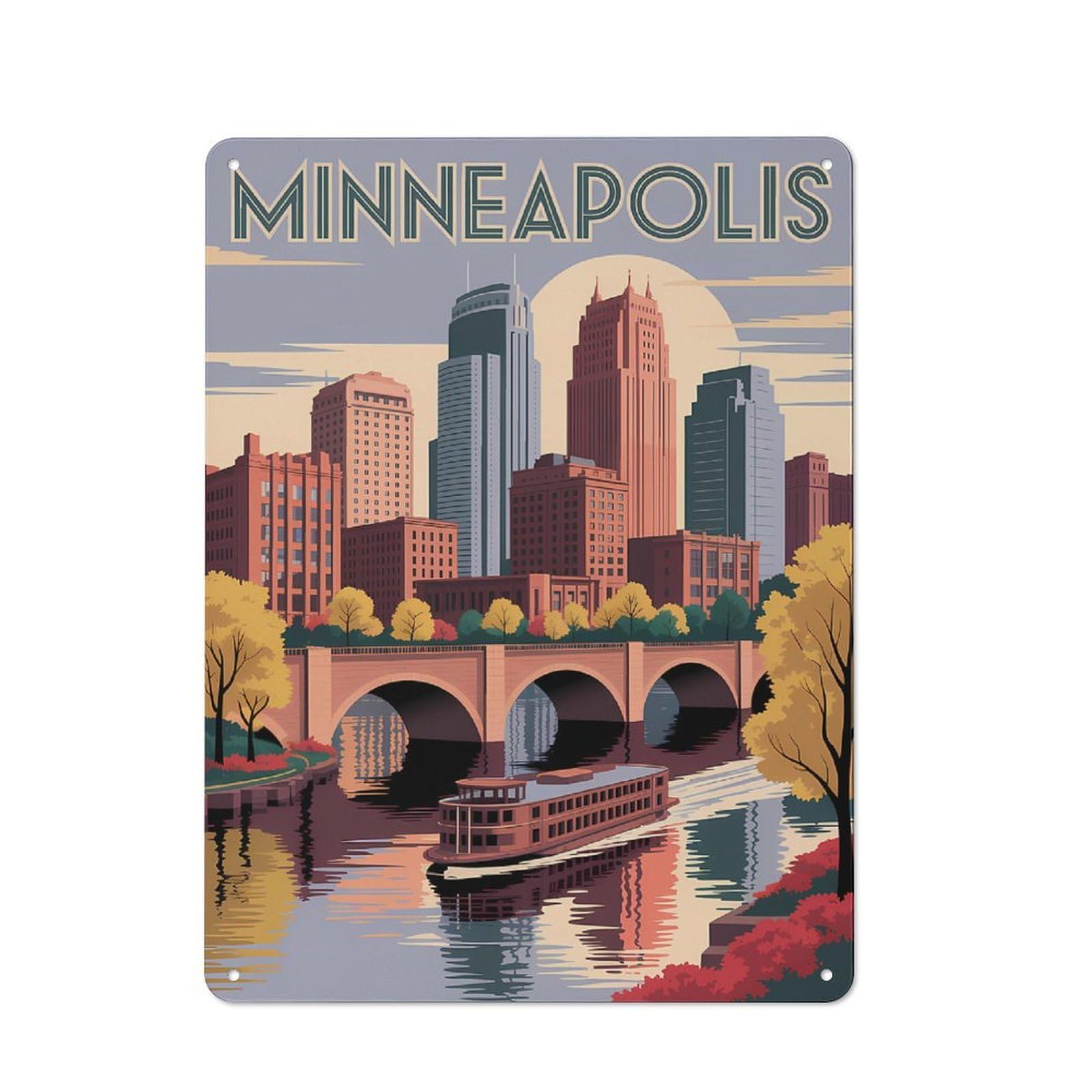 Junmoney Style-18 Minneapolis Skyline With Riverboat Tin Wall Sign 40X30cm, Loft Style Industrial Wall Decor For Loft, Studio, Office Or Creative Room