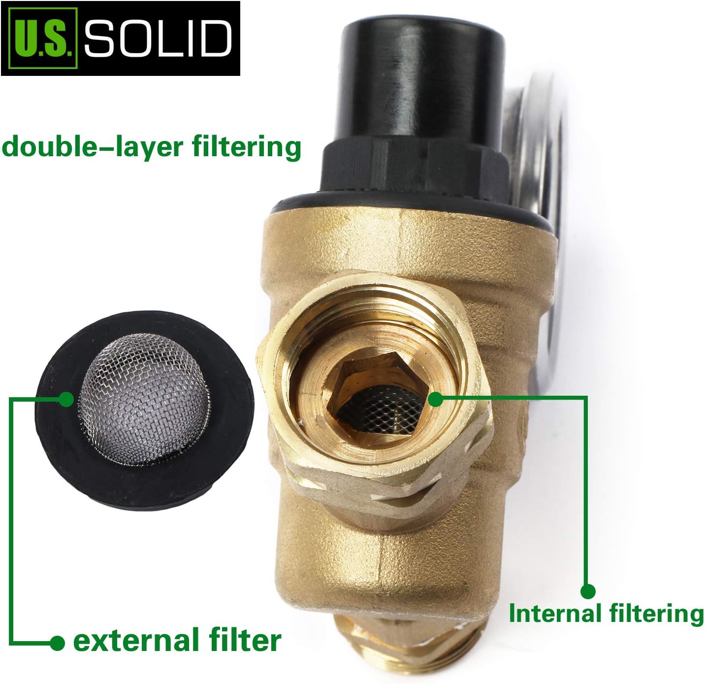 Water Regulator Valve- 3/4" NH Thread NO Lead Brass Adjustable RV Pressure Regulator with Pressure Gauge and Water Filter Net by U.S. Solid