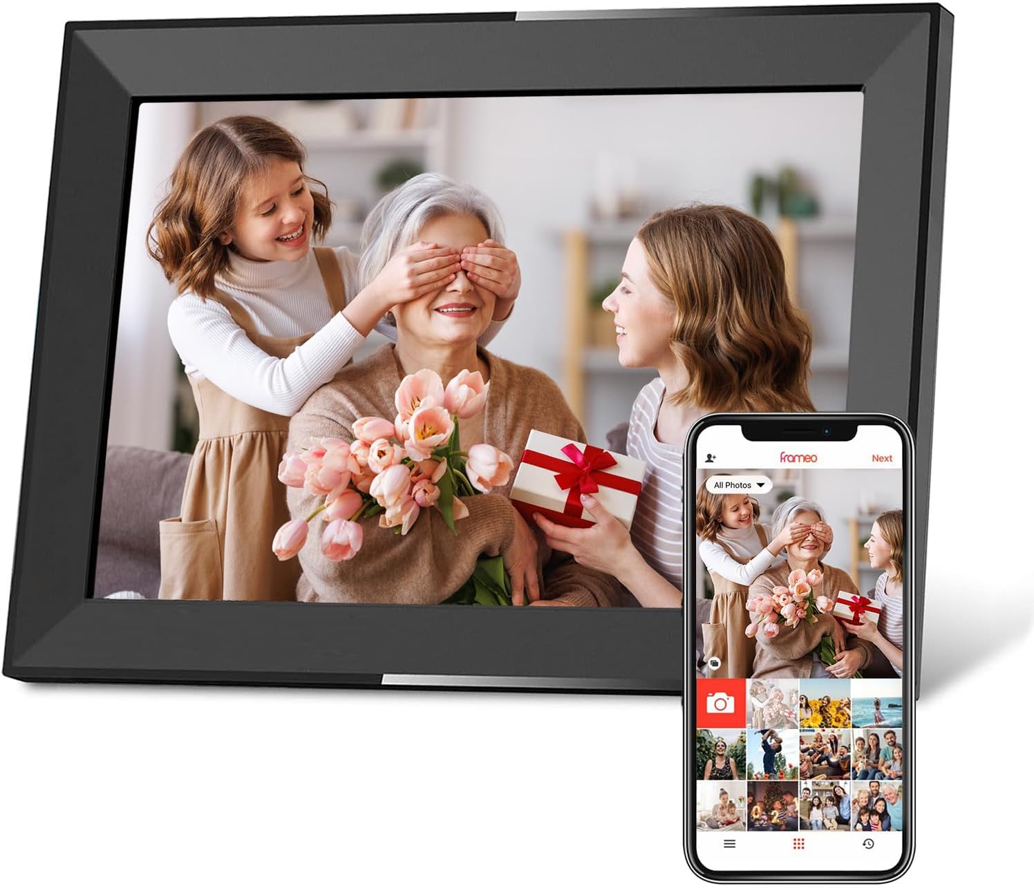 Skyrhyme 10.1 Inch Digital Picture Frame, Frameo WiFi Digital Photo Frame with 16GB Storage, 1280 * 800 IPS Touch Screen, Auto-Rotate Slideshow, Easy to Share Photo/Video via Free App