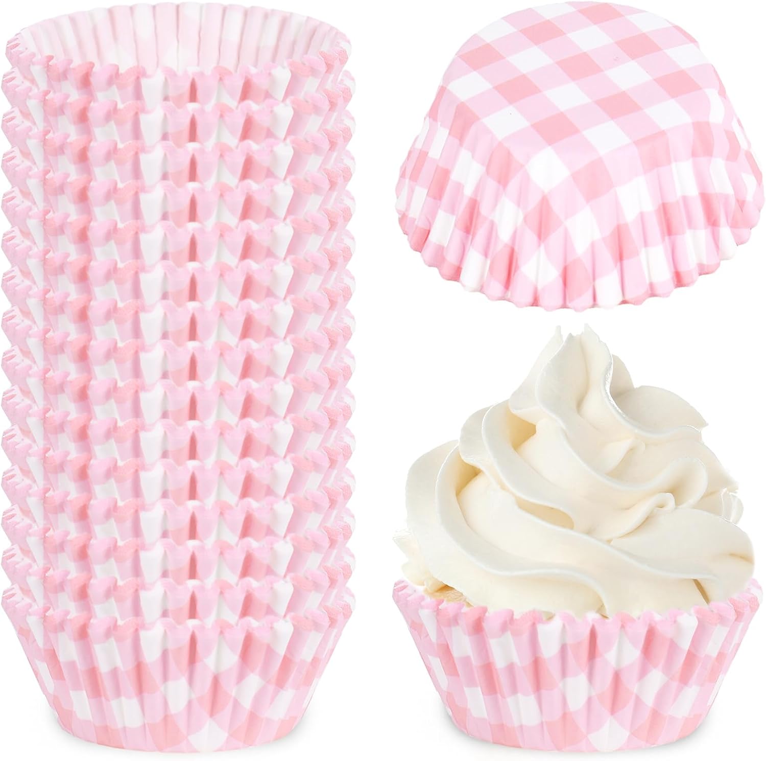 Whaline 300 Pcs Pink Plaid Cupcake Liner Paper Pink Checkered Muffin Liner Baking Cups 2 x 1.2 Inch Cute Cupcake Wrappers for Baby Bridal Shower Wedding Birthday Party Supplies