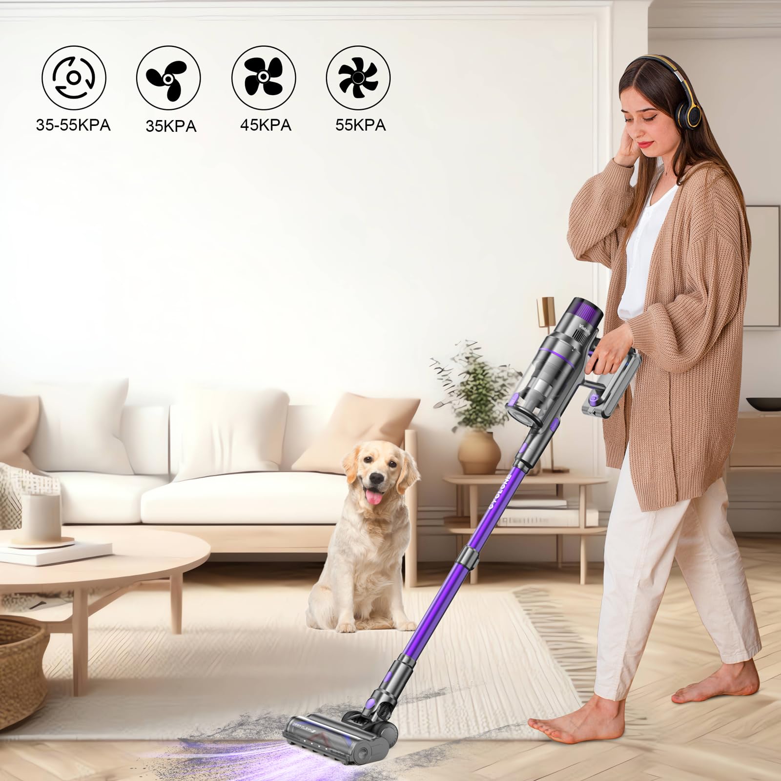 Vistefly V15S MAX Aspirapolvere senza Fili, 55KPA 580W Scopa Elettrica Potente 8 in 1 Autonomia fino 75 Minuti, con Modalità Automatica Aspi per Peli Capelli Pavimento Tappeti