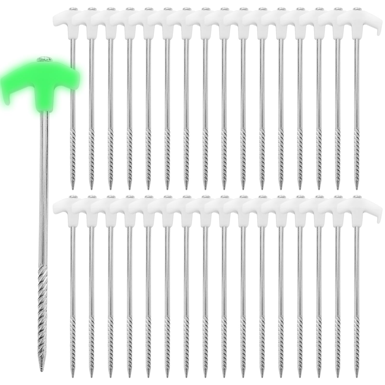 24 Pcs Tent Stakes Threaded Metal Tent Stakes, 10 Inch Glow in The Dark Ground Anchor Peg Screw in Camping Stakes