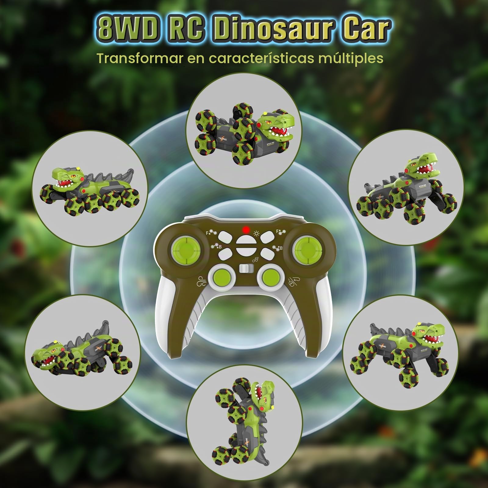 Kssvzz Coche Teledirigido Dinosaurio - 8WD 2.4Ghz RC Coche para 4 5 6 7 8 años de Edad los niños, 360 ° de rotación/Spray/Luz/Rugido, Cumpleaños (Verde)