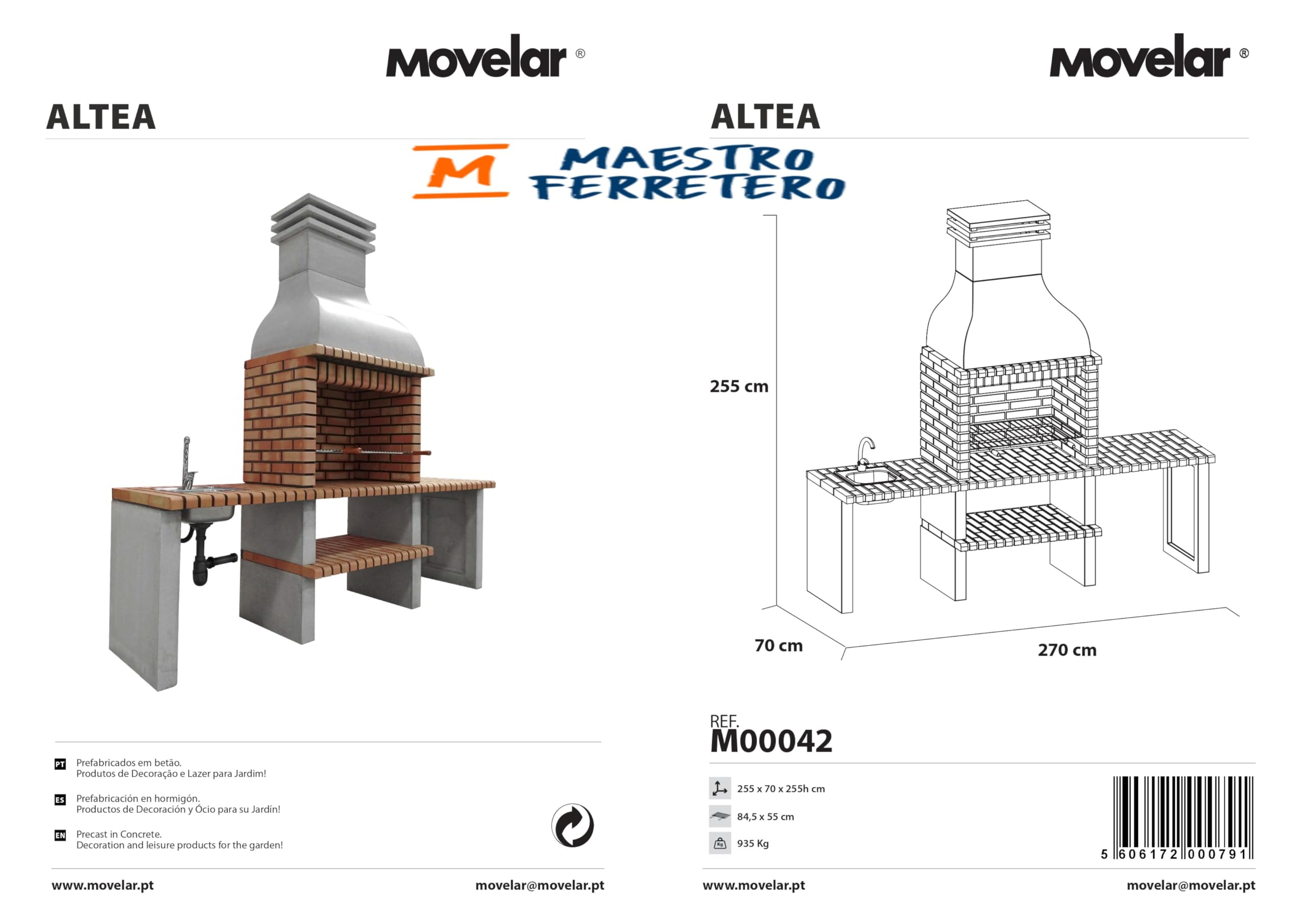 MAESTRO FERRETERO MOVELAR – Barbecue a legna prefabbricata e carbone modello Altea (grigio, arancione – 268 x 70 x 255 cm) Ref: M00042 – Cucina da esterno con lavabo per giardino e terrazza