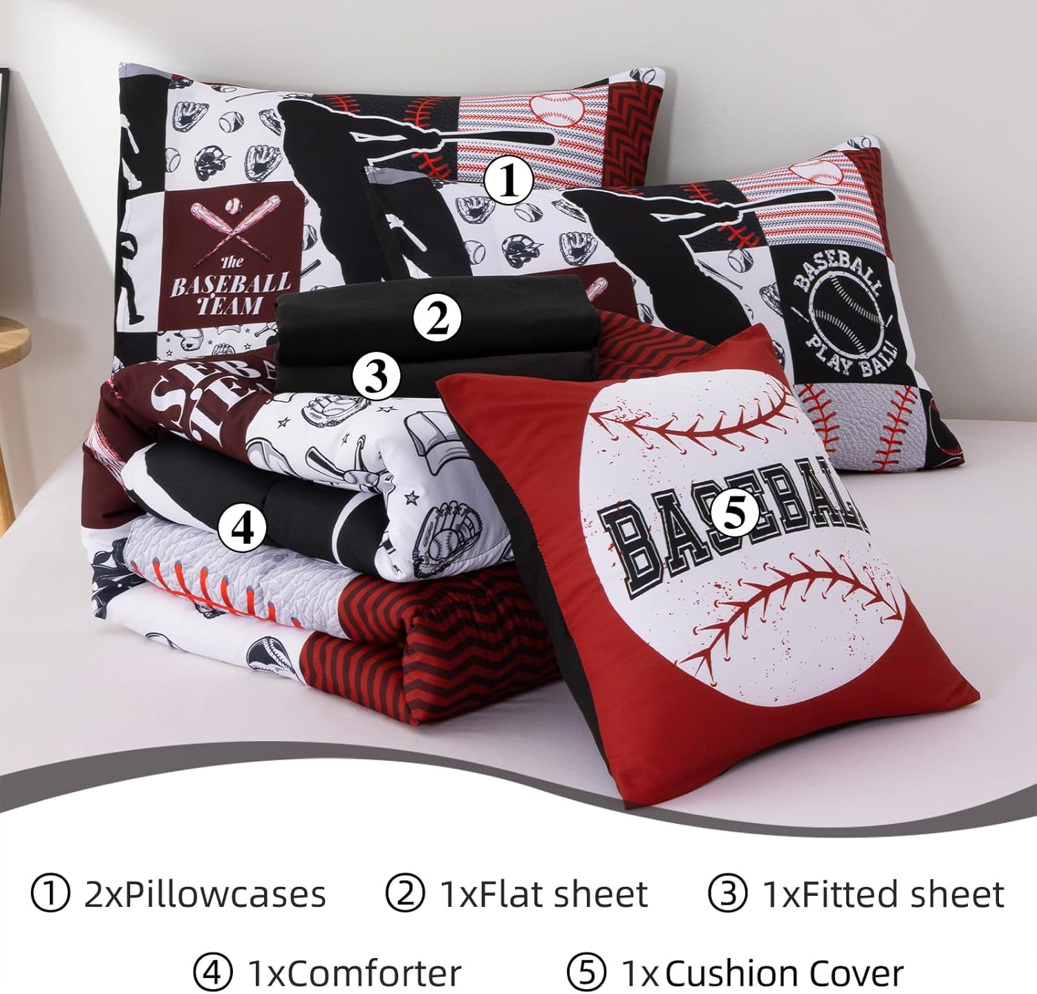 A Nice Night Sports Geometric Grid Black Patchwork Baseball Printed for Boys Queen 6Pcs Bed in A Bag Comforter Bedding Set, Red