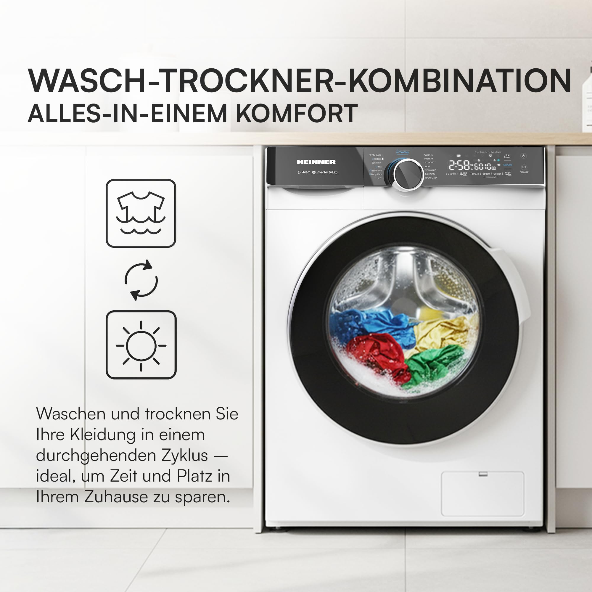 HWDM-M814IVKA Waschtrockner Combo – 8 kg Waschen/6 kg Trocknen, 1400 U/min, 15 Programme, LED-Touch-Display, Inox-Finish, Energieklasse A, 5 Jahre Garantie (8/6 kg) (8/6 kg)