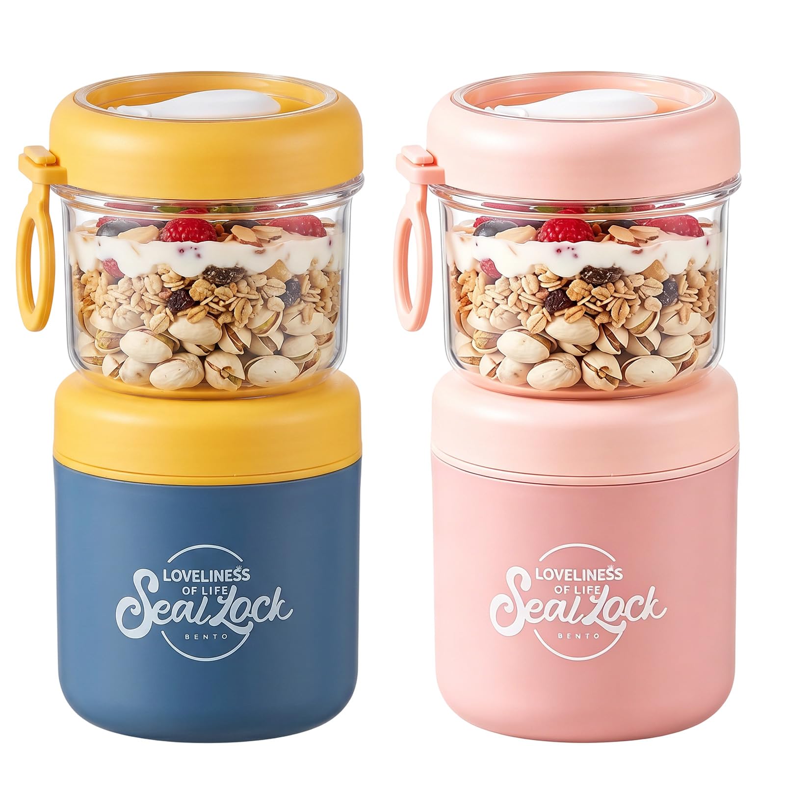 2 Pack Granola and Yoghurt Pot - Overnight Oats Jar with Spoon 530ml+330ml, Dual-Layer Leak-Proof Salad Cups, Granola Yoghurt Pots for Cereal Nut Fruit, Cereal Cup On The Go for School Office Travel