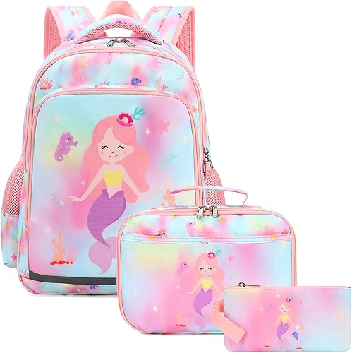 Mochilas para niñas, mochila de sirena con bolsa de almuerzo, caja de lápices para niños, mochila preescolar, juego de mochila para jardín de