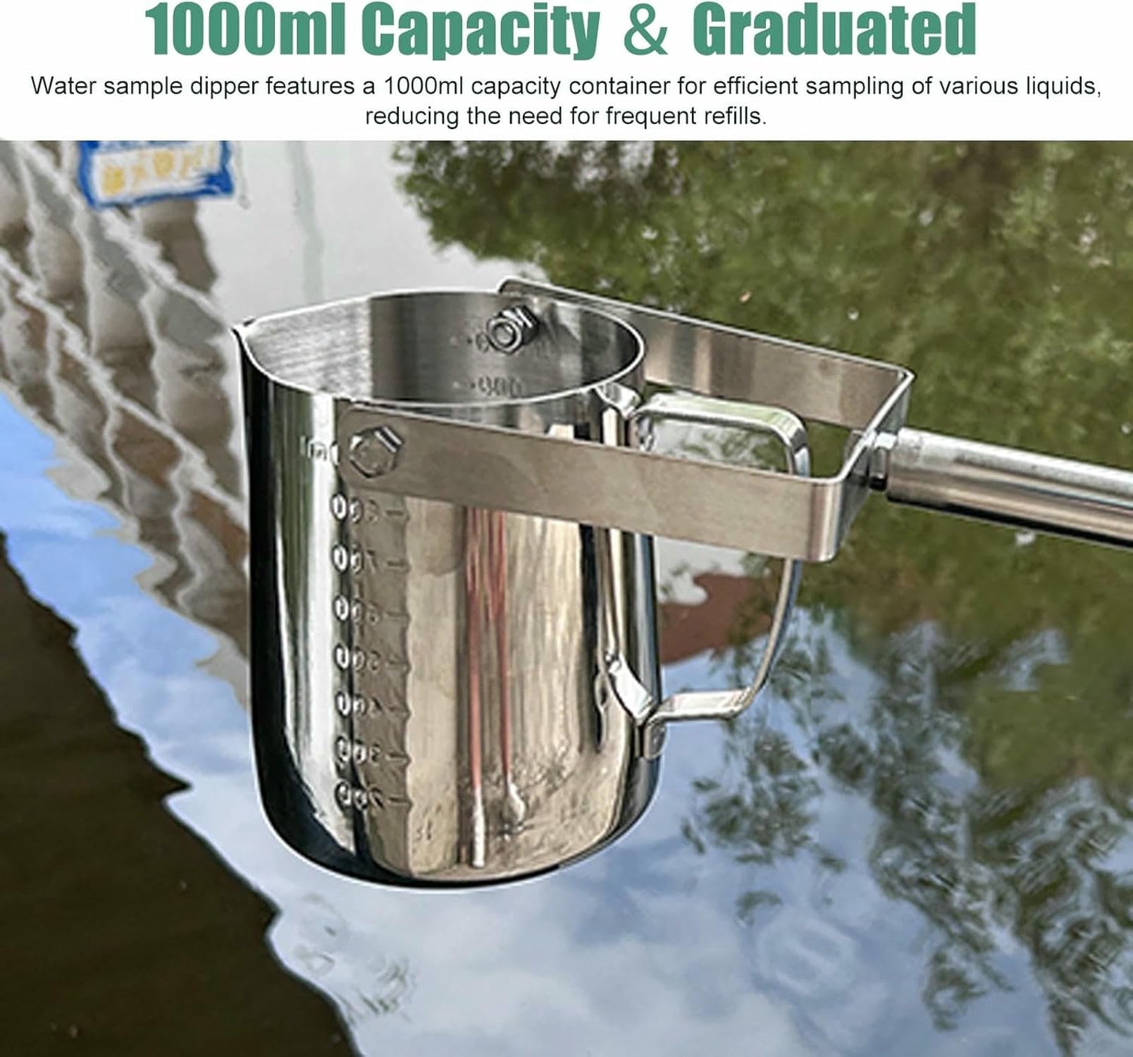 Kit campionatore d'acqua extra lungo da 1000 ml con asta in acciaio inox per campionamento profondo per piscine di laghi e fiumi, ideale per test di qualità dell'acqua e raccolta