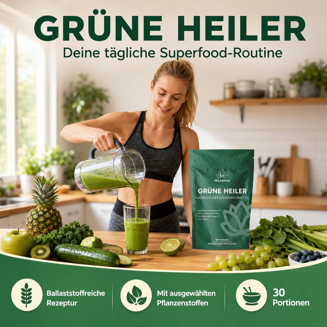 Grüne Entgiftungspulver 200g Superfood Pulver,Greens Pflanzenpulver mit Matcha, Gerstengras, Spirulina & Heidelbeeren,Reich an Ballaststoffen & Mikronährstoffen,Vegan – Täglicher Energie Helfer