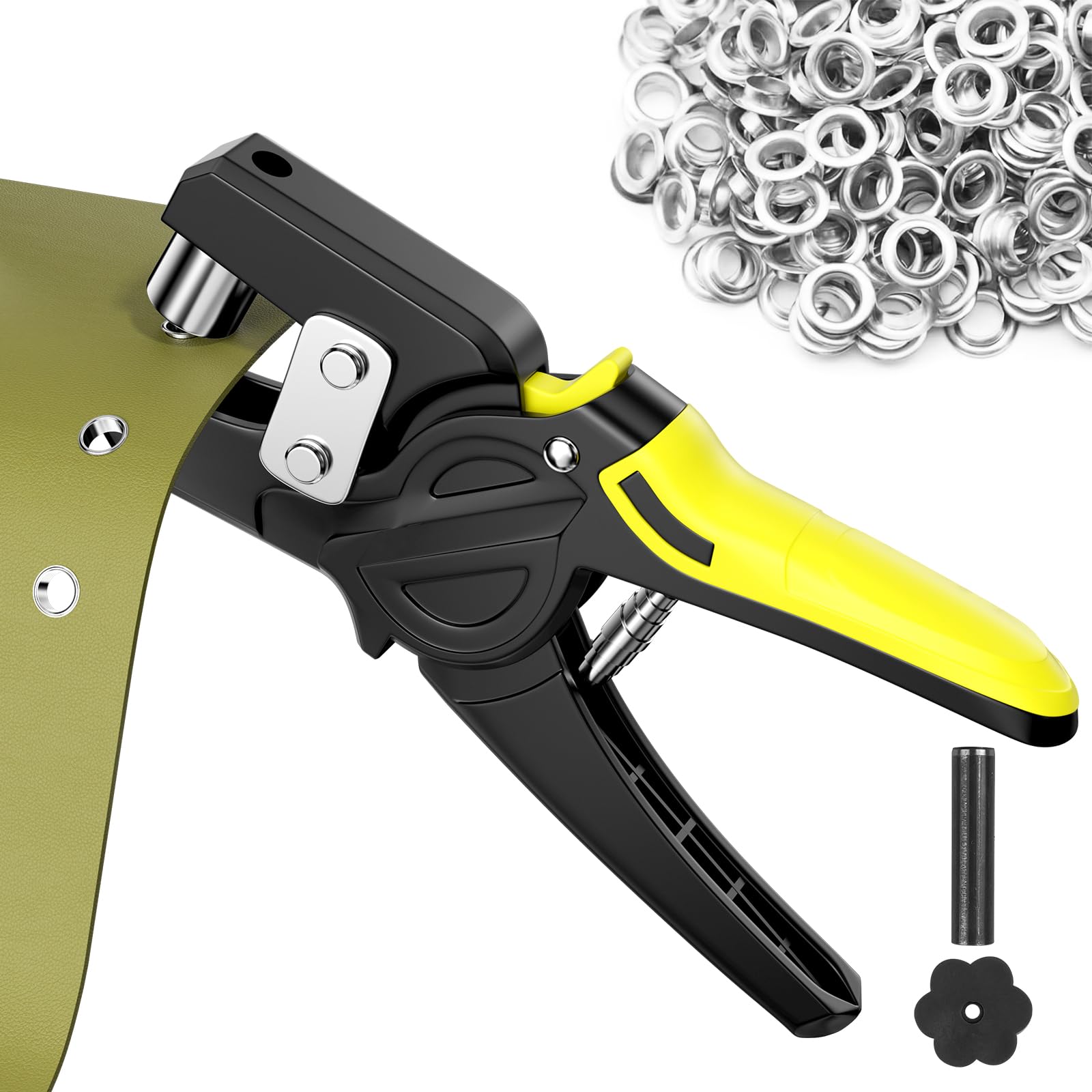 Remachadora de Ojales Metálicos (Ø Interior 10mm), Alicates Profesionales con 500 Ojales, Maquina de Hacer Ojetes, Multifunción Perforación, para Lonas Tejidos Velas Solares Cartón Cuero y Pvc