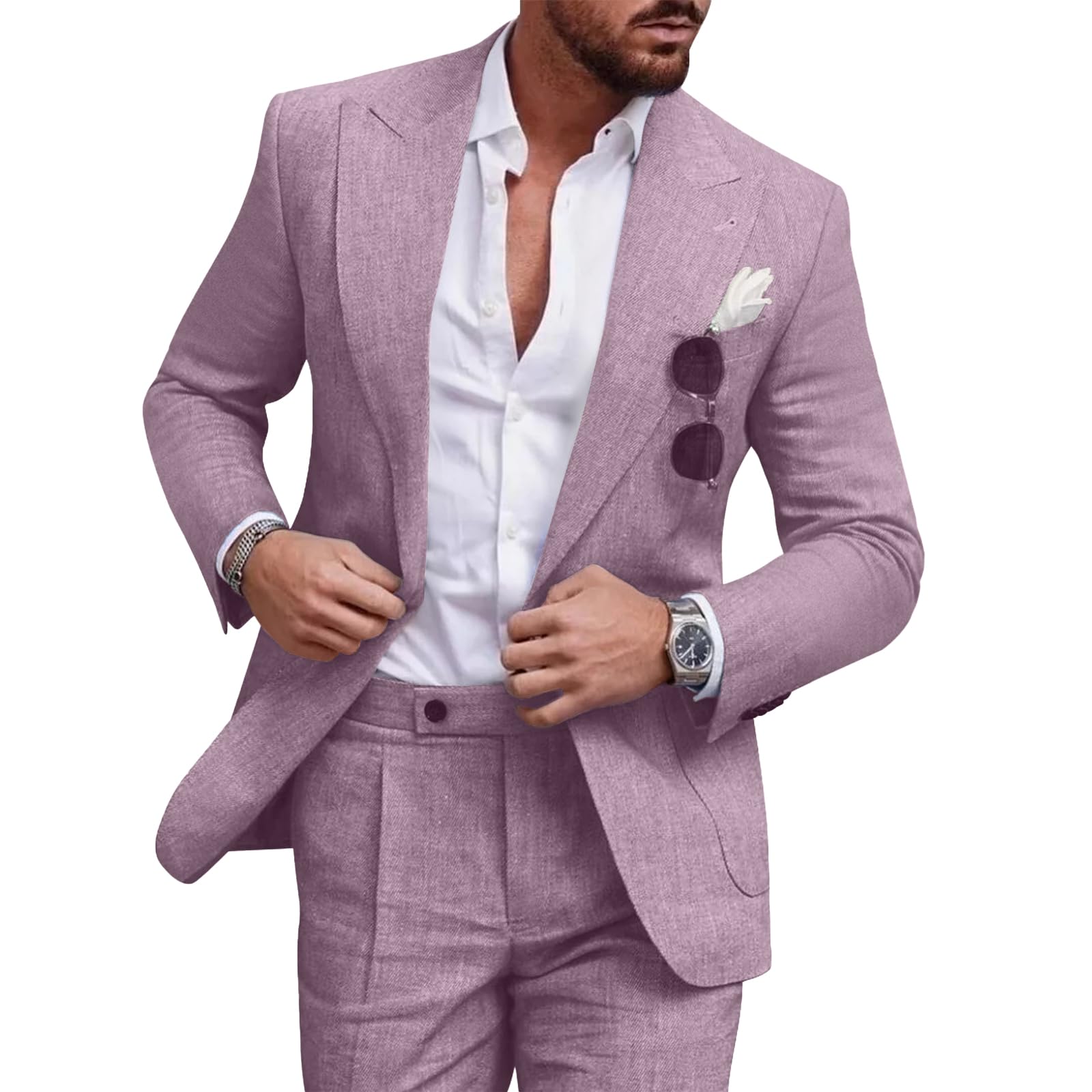 Photo 1 of Diaryan Linen Men Suits Casual Tuxedo Regular Fit Lilac 2 Piece Blazer One Button Formal Jacket Pants for Wedding Party L