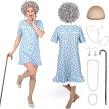 TESS 10PCS Old Lady Wig Costume for Women 100 Days for School Adult Grandma Costume Gray Curly Granny Wigs,Cap,Dress,Stockings,Cane,Glasses,Glasses Chain,Necklace,Bracelet,Earrings
