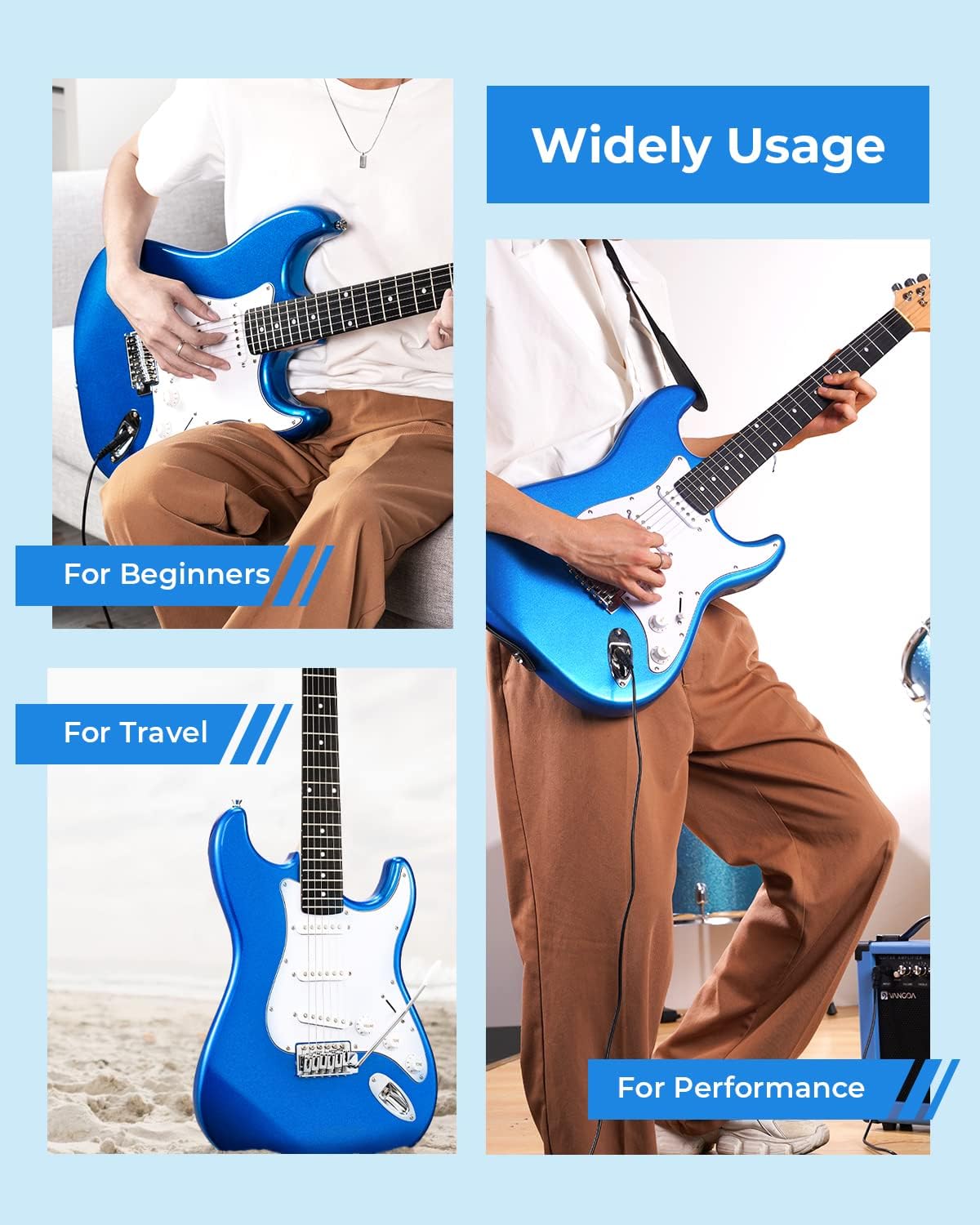 Electric Guitar 39 Inch Full Size Electric Guitar Beginner Starter Kit Bundle with Folding 10W Amp for Adults Teens,Metallic Blue, by Vangoa