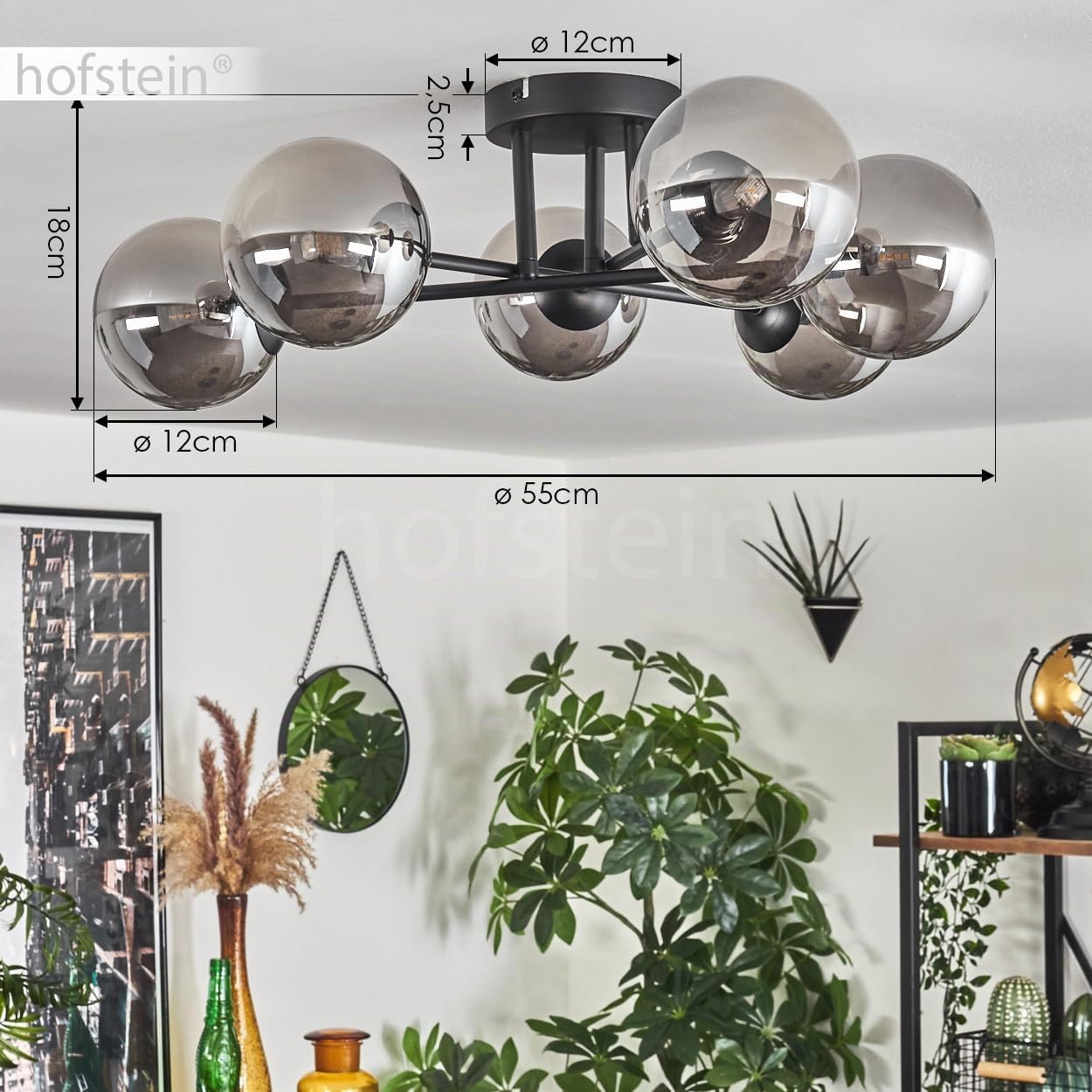Hofstein Plafoniera Chehalis, lampada da soffitto in metallo/vetro nero/fumé, illuminazione in stile moderno retrò/vintage con paralumi in vetro (Ø 12 cm), 6 x G9