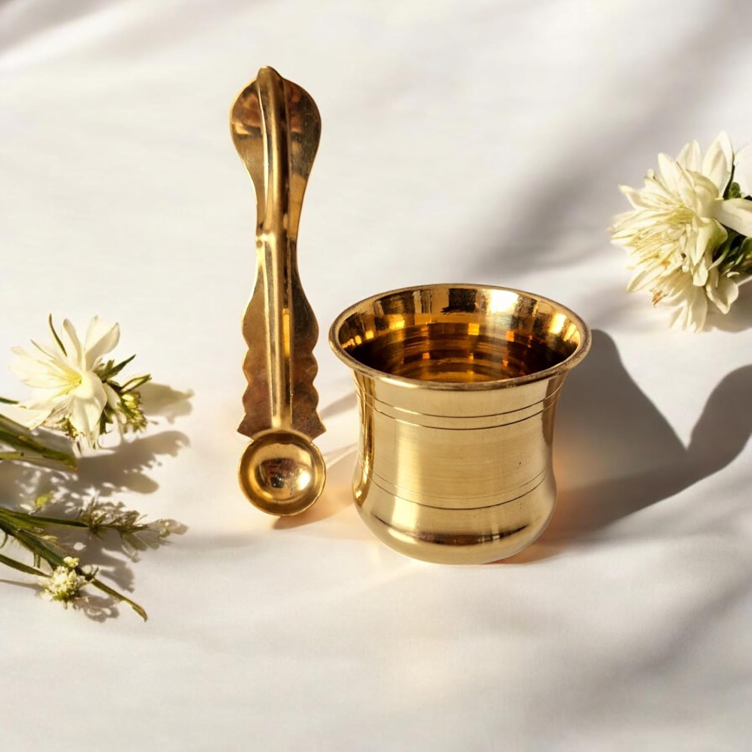 Brass Panchpatra Set with Snake Head Design Spoon(Udarini) | Pooja Accessory for Home or Office Temple | Pooja Glass and Spoon for Charnamrit | Height : 2.5 Inch | Weight : 60 Grams (Brass)