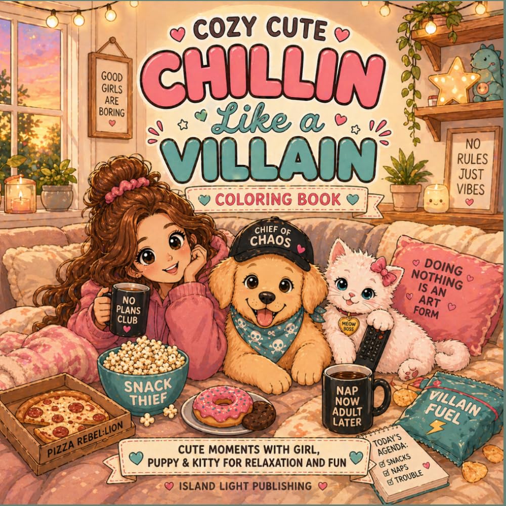 Cozy Cute Chillin Like a Villain Coloring Book for Adults: Cute Lazy Day Moments with Girl, Puppy and Kitty for Relaxation, Stress Relief and Cozy Coloring Fun