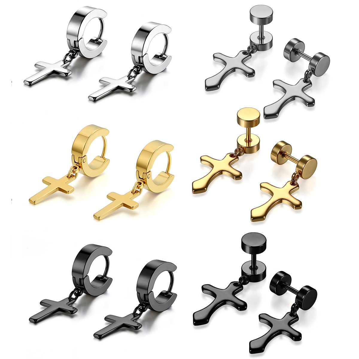 5 Paia Orecchini Uomo E Donna In Acciaio Inossidabile 316L: Orecchini A Cerchio E A Croce, Colori Argento, Oro, Nero, Blu E Arcobaleno, 13mm