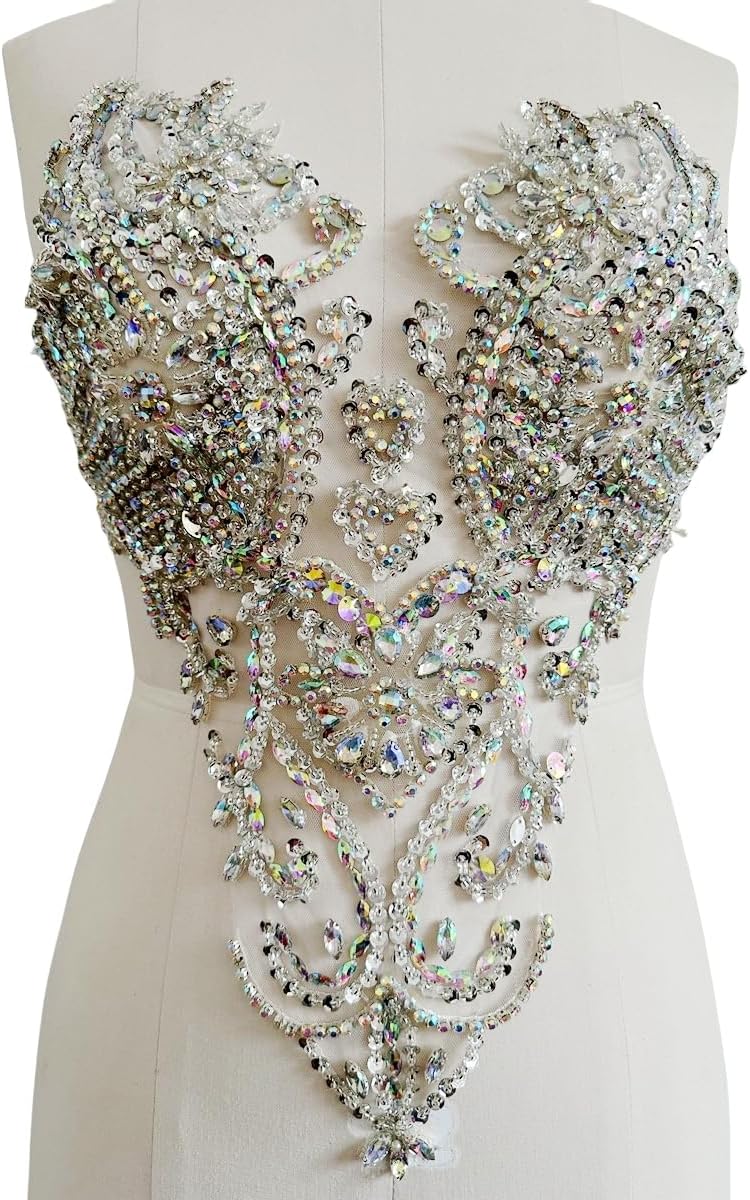 Handmade Shinning Rhinestones lace Applique Pure handsewing Beads Crystal Sequins Trim Patches Perfect Decoration Accessories (Pink)