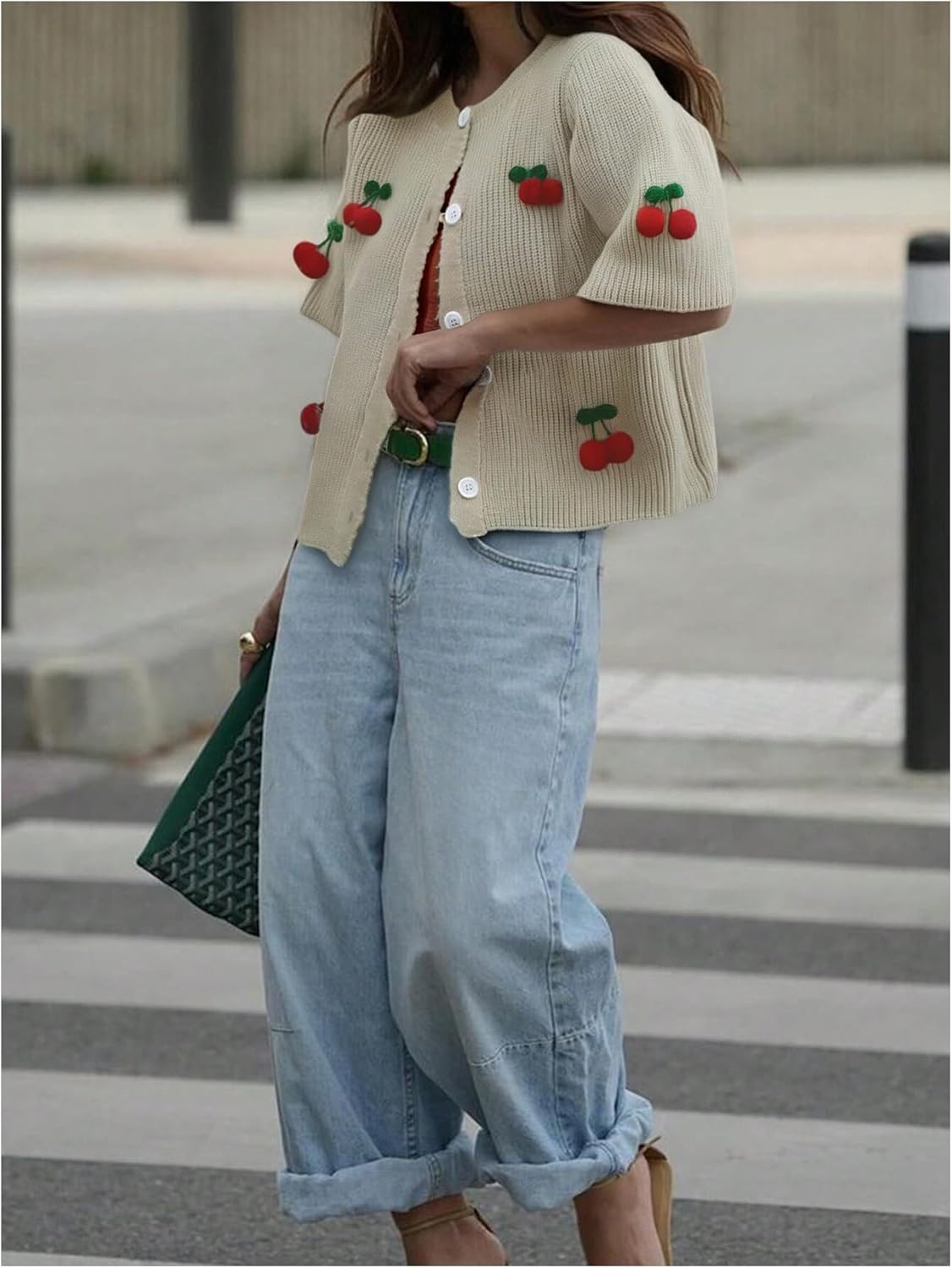 WDIRARA Women's 3D Cherry Button Down Cardigan Sweaters Crew Neck Half Sleeve Sweater - Image 3