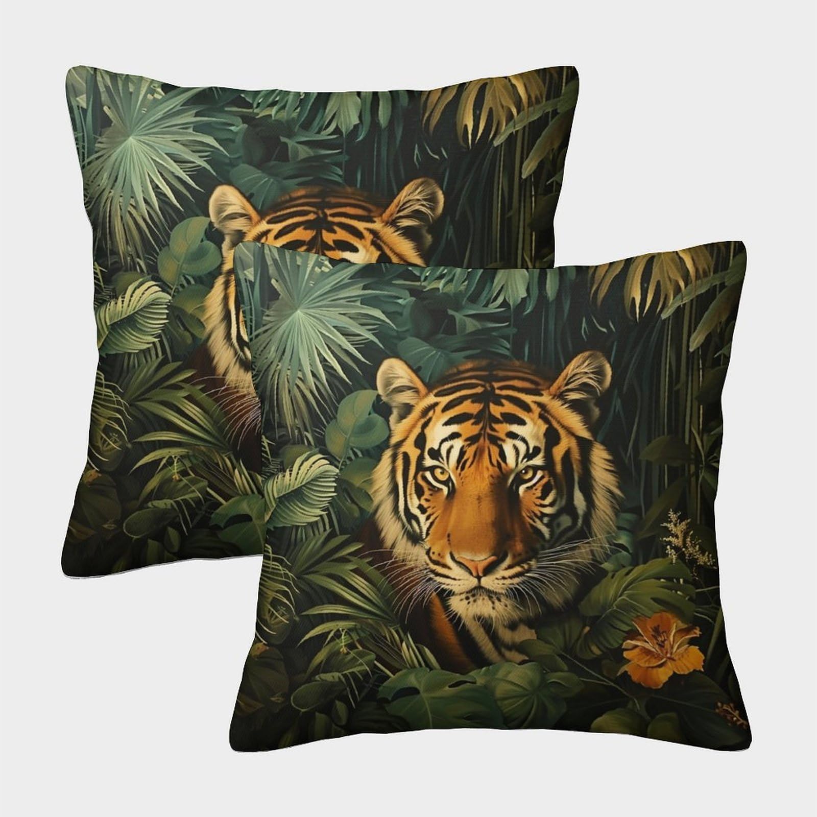 kaiyun 2 Pack 45x45cm Pillow Cases,Tiger - Tropical Plants Decorative 3D Printed Cushion Cover,sofa Bed Decorative Cushions