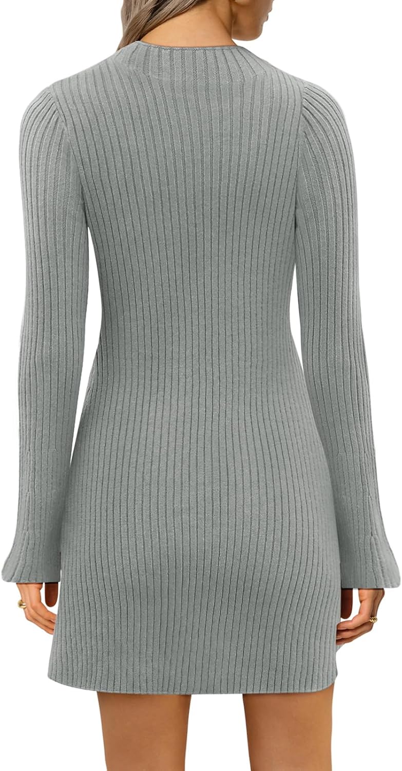 Womens Sweater Dress Fall Winter Bell Long Sleeve Mock Neck Ribbed Knit Bodycon Mini Dresses 2025 - Image 4