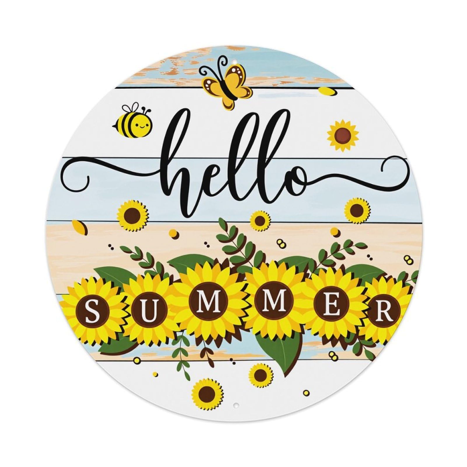 Hello Summer Sunflowers Bees Butterflies Round Tin Sign Vintage Metal Poster Retro Bar, Home, Man Cave, Kitchen, Laundry Room Wall Art Decor Gift 8x8In