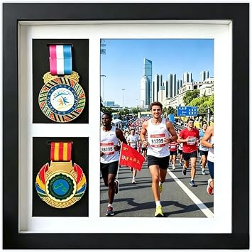 Black A4 Medal Shadow Box Frame 2 Medals Photos Marathon Military Display