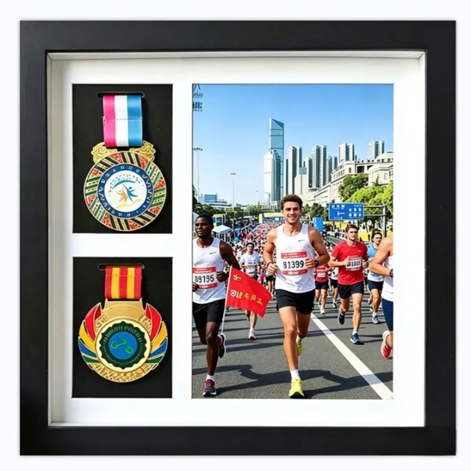 Boîte d'ombre pour médailles - Présentoir de médailles de marathon - 2 médailles et photos - Pour récompenses militaires, triathlon et tous les sports - Noir - A4