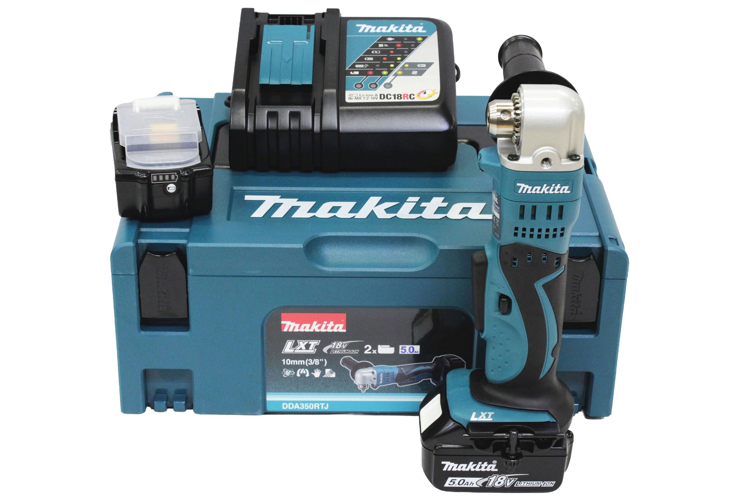 Makita Perceuse visseuse d'angle 18 v li-ion 5 ah ø 10 mm à clé makita - 2 batteries, chargeur, coffret - dda350rtj