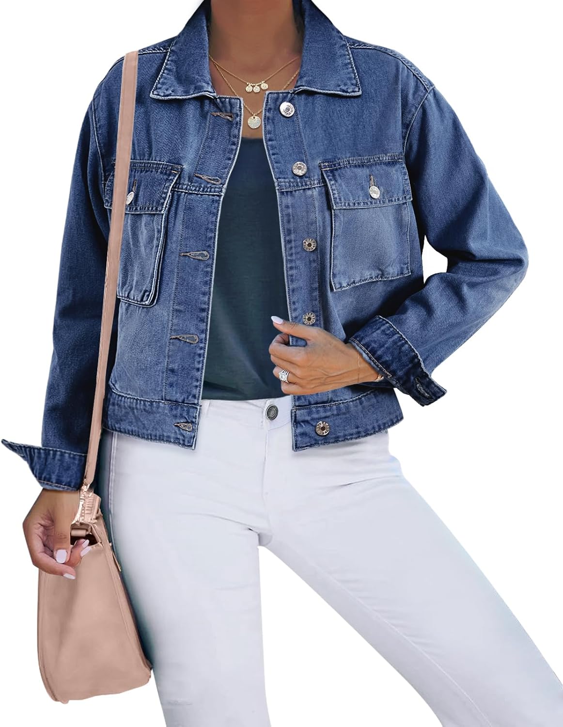 luvamia Denim Jacket for Women Cargo Pocket Lightweight Cropped Jean