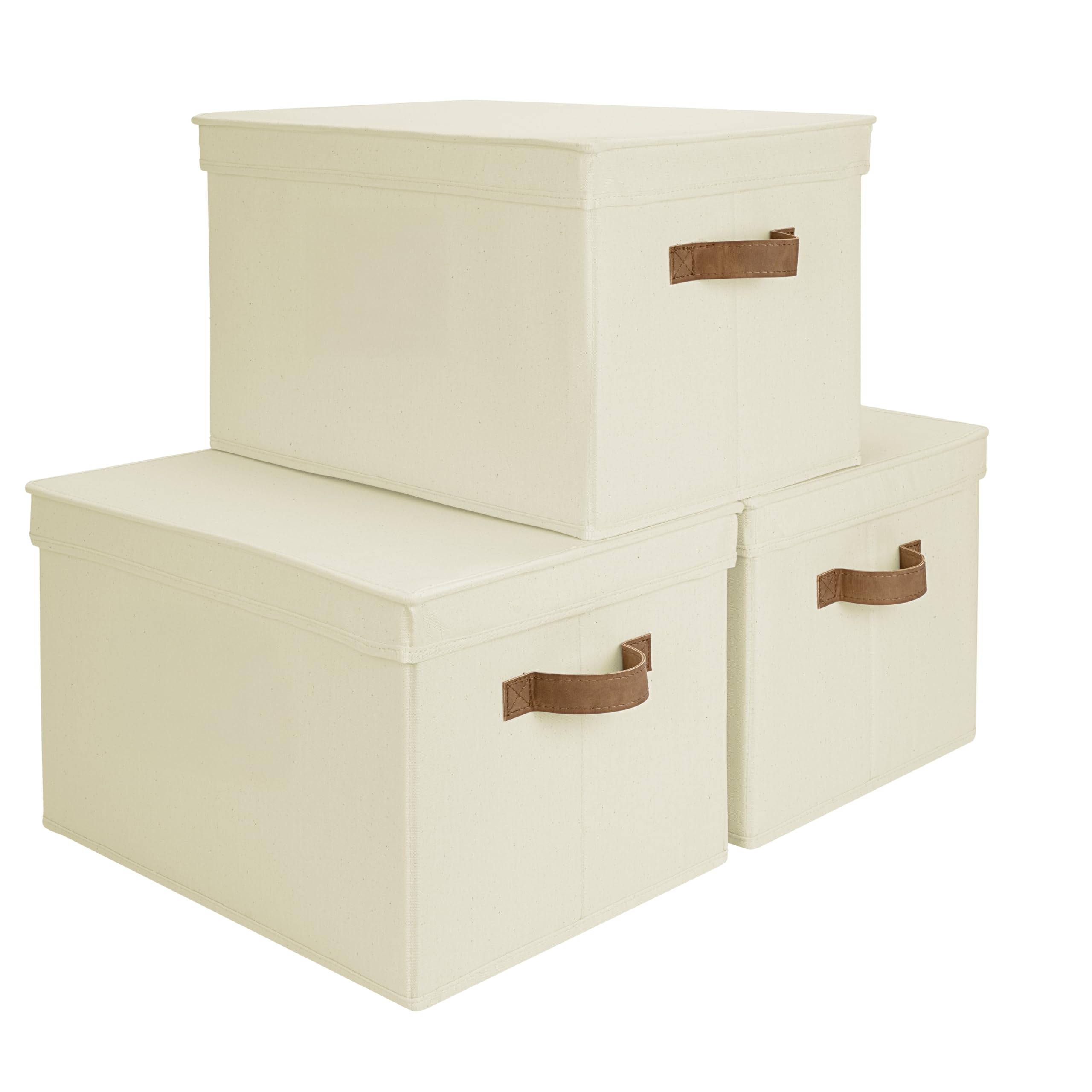 StorageWorks Storage Bins with Lids, Decorative Storage Boxes with Lid and PU Handles, Foldable Storage Baskets for Closet, Shelves, Stackable, Ivory, Jumbo, 3-Pack
