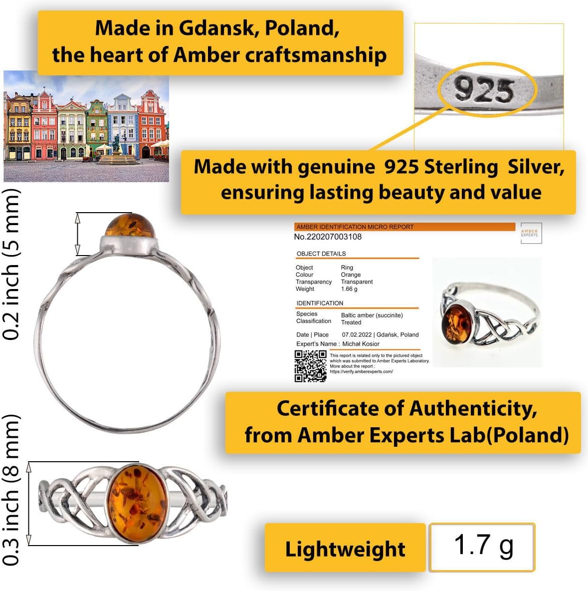 Holiday Gift Shops Sterling Silver and Baltic Honey Celtic Amber Ring Celtic Knots