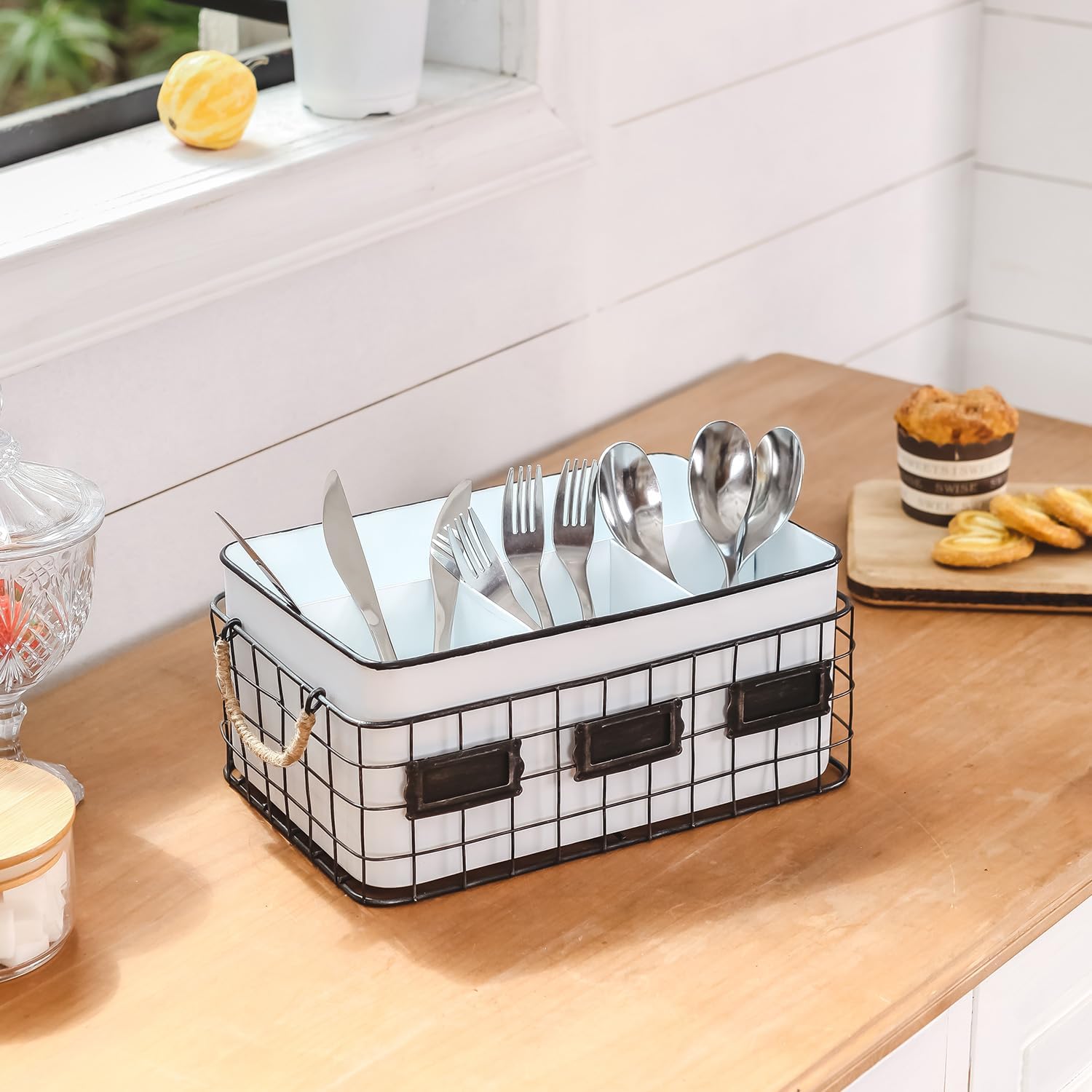 NIKKY HOME Farmhouse Utensil Caddy for Parties, Flatware Holder for Countertop, Rustic Metal Silverware Cutlery Caddy for Kitchen, Dining, Outdoors, Picnics, Parties - White