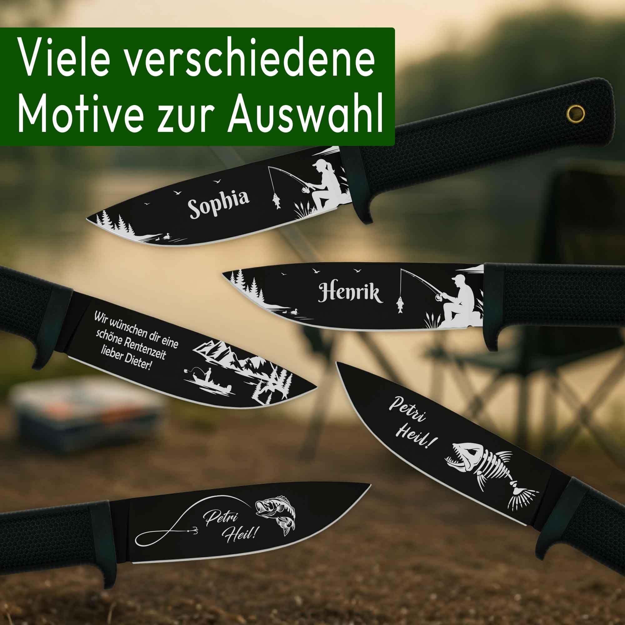 ADAM WILD Angelmesser mit Gravur | schwarze Klinge | Geschenke für Angler | Personalisiertes Anglermesser, Name & Motiv graviert | robuste Edelstahlklinge & gummierter Griff | inkl. Messerscheide