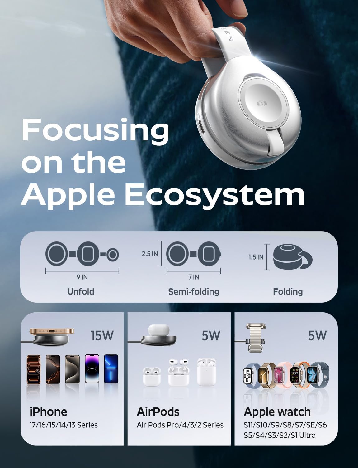 LISEN 15W Qi2 MagSafe Charger, Portable 3 in 1 Charging Station Apple Wireless Charger iPhone and Watch Charging Station, Magnetic Phone Charger iPhone Airpods Apple Watch Charger Fast Charging