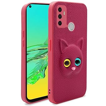 Pikkme Oppo A53 Back Cover for Girls | Cute Cat Leather Finish | Soft TPU | Case for Oppo A53 (Pink)