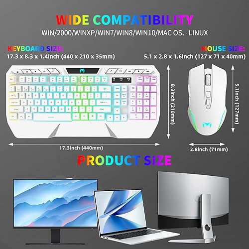 Miniatura 7 de Combo de teclado y mouse inalámbricos retroiluminación RGB, teclado inalámbrico recargable, reposamuñecas ergonómico, mouse retroiluminado, teclado