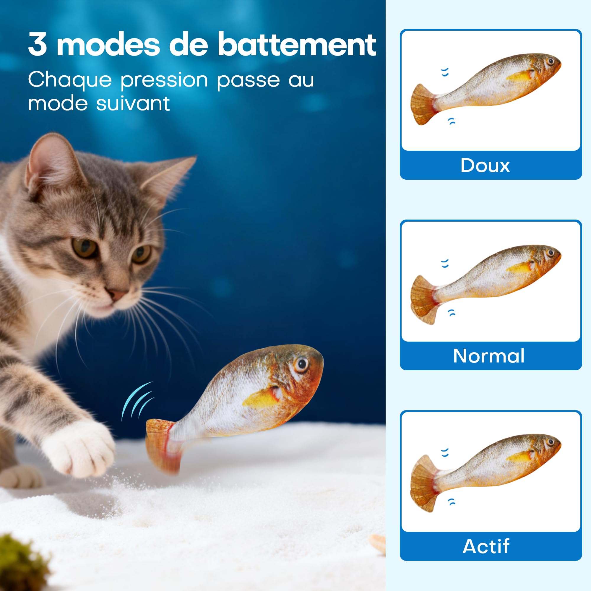 Potaroma Jouet pour Chat, Poisson Interactif Rechargeable 3 Pièces avec Herbe à Chat et 3 Modes Flappy, 18 cm, Peluche Résistante, Activation Automatique